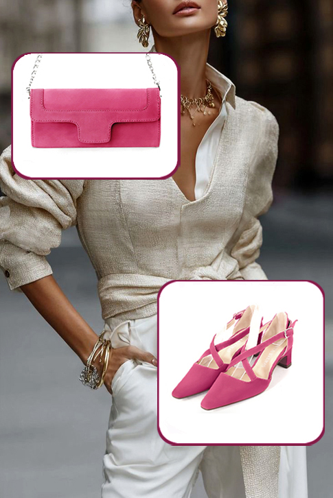 Dress heels closed-back crossed straps in fuchsia pink leather with kitten heels and tapered toe - Worn view
